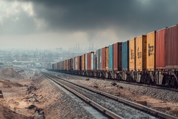 Fototapeta premium Freight Train Carrying Cargo Containers on Railway Tracks with Industrial Buildings on the Horizon Under Cloudy Sky