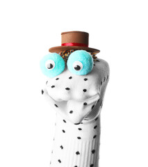 Funny sock puppet with hat isolated on white
