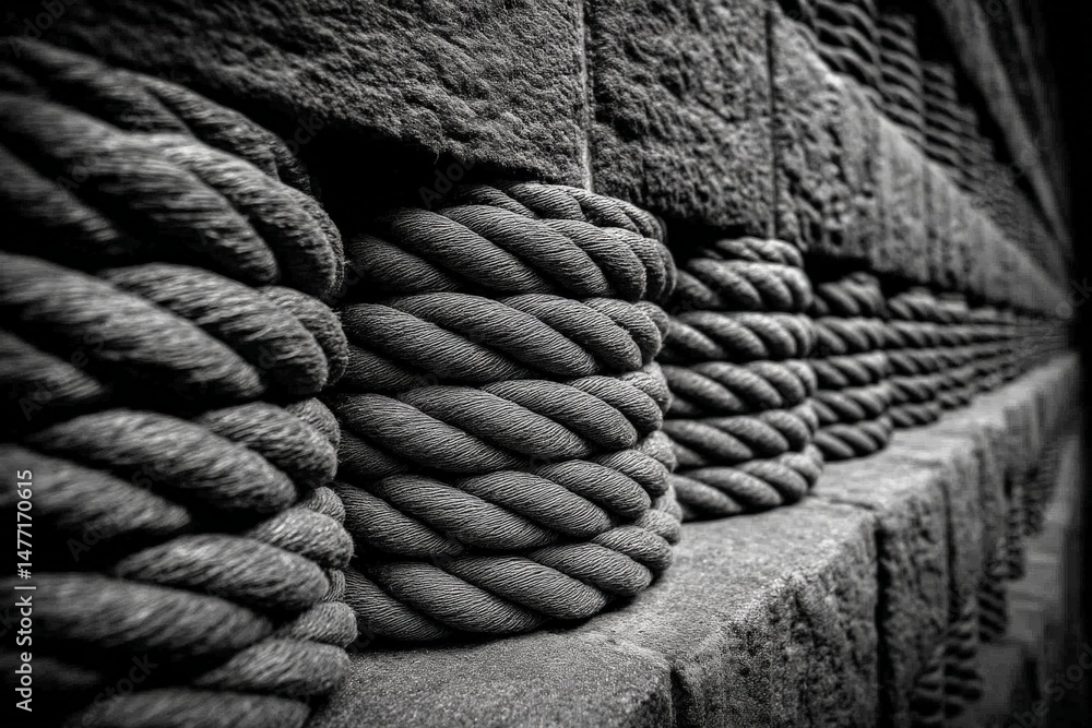 Poster Close-up of textured stone wall with coiled rope design in black and white capturing intricate details and patterns