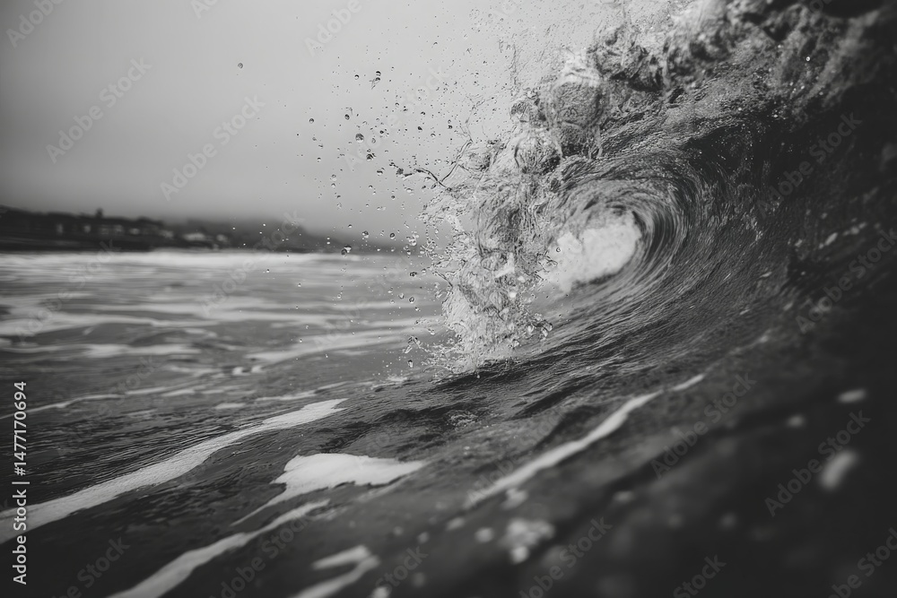 Aufkleber Captivating wave curl at the ocean shoreline during overcast weather