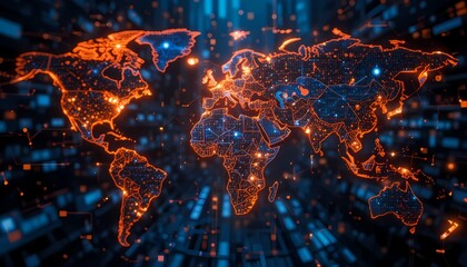 Futuristic digital world map with glowing data points, connected lines, and UI elements. Represents big data, AI, and tech infrastructure. Orange-blue tones, dark background.