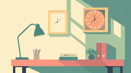 Modern Minimalist Workspace with Desk Lamp, Clocks, Potted Plant and Stationery on a Cream and Green Wall Background