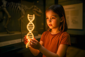 Girl holding glowing DNA strand in dark room