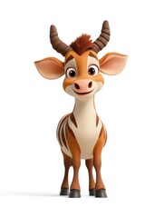 3D cartoon friendly cow character smiling joyfully on white background