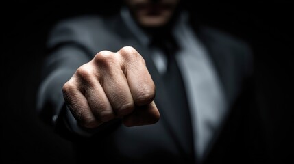 Business person in suit extends fist towards camera in a dark setting.