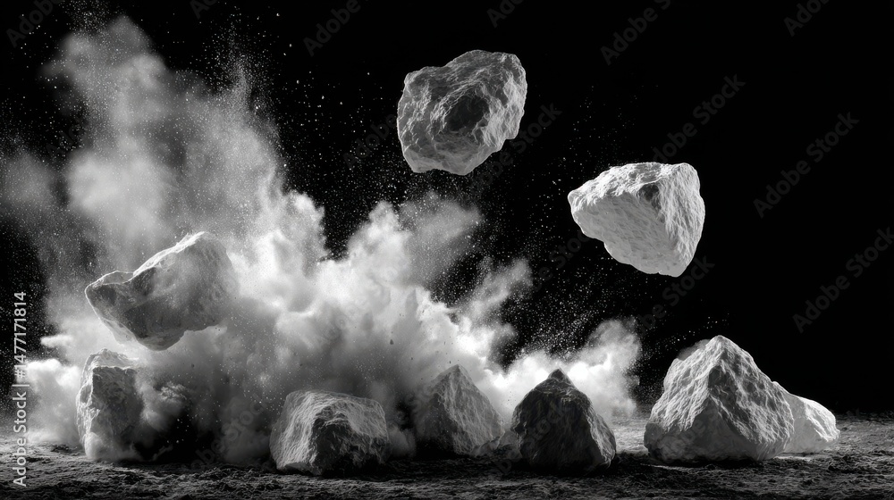 Poster a stunning image of white rocks falling and exploding on black background with dust.