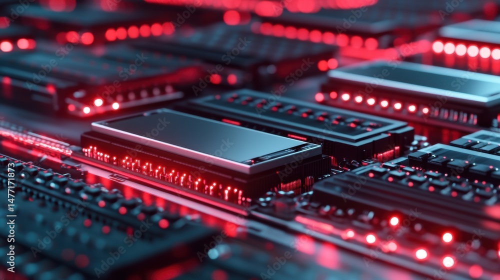 Poster close up of computer motherboard with red lights in dark setting studio shot technology concept