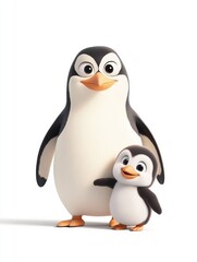 Fototapeta premium 3D cartoon penguin family stands together in a cheerful pose on white background