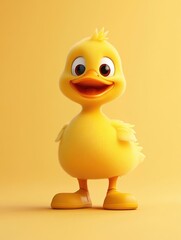 3D cartoon cheerful yellow duckling standing confidently with a big smile on white background