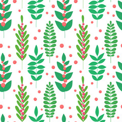 Seamless botanical pattern of twigs, botanical background elements, grass.