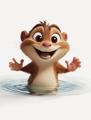 Naklejka premium 3D cartoon happy cartoon animal character smiling and waving in water on white background