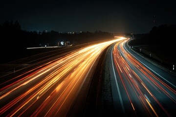 Highway Long Exposure at Night with Light Streaks and Distant City Lights, Depicting Traffic Flowing at High Speed