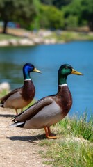 Fototapeta premium Two Mallard Ducks on Lakeside Bank in Sunny Day at the Park Reflecting Calm Waters Serene Natural Setting Wildlife Bird Watching
