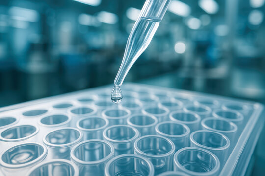 Vaccine production facility uses precise pipetting techniques to transfer liquid samples into test tubes for research and development