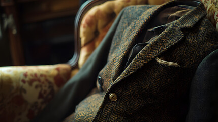 Elegant Attire Resting: An artistic close-up captures the sophistication of a tailored suit, draped gracefully on a vintage armchair, inviting a sense of timeless style and refinement.