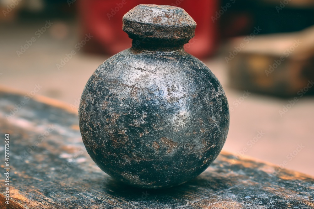 Poster Antique round metal object resting on a wooden surface in a workshop with rustic ambiance