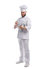 Happy confectioner in uniform holding whisk and cooking pot on white background