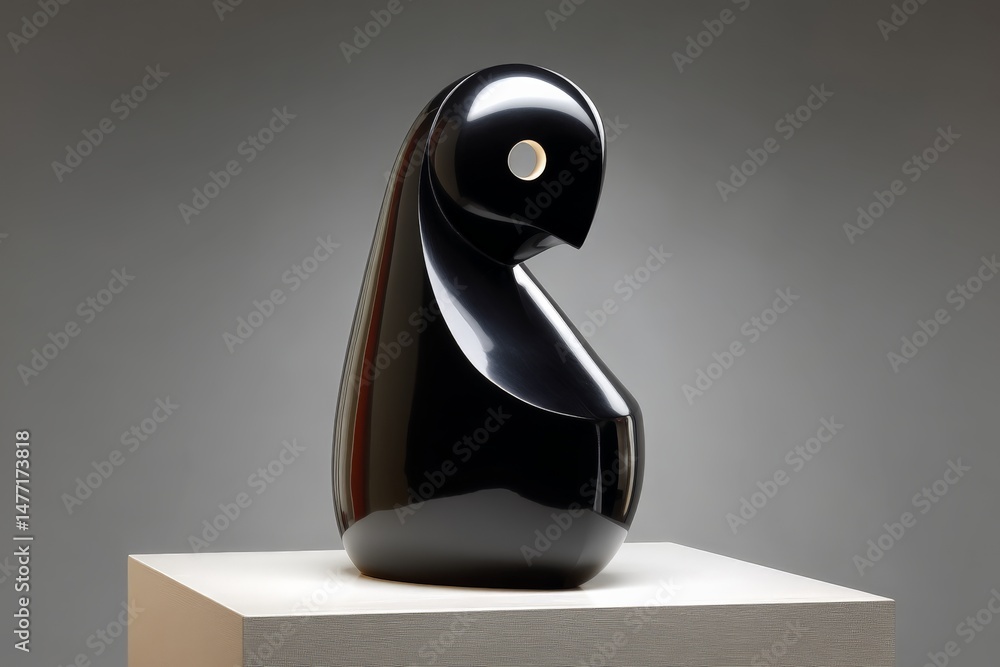 Poster Elegant black sculpture with a modern design displayed on a pedestal in a minimalist gallery setting