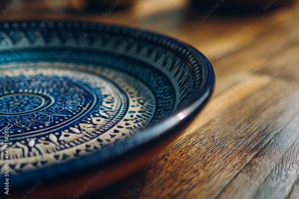 Poster decorative blue ceramic plate with intricate patterns placed on a rustic wooden table