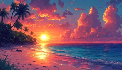 Vibrant tropical sunset over a sandy beach.