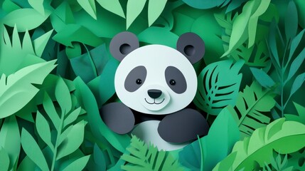Obraz premium Adorable paper panda nestled among lush green foliage.