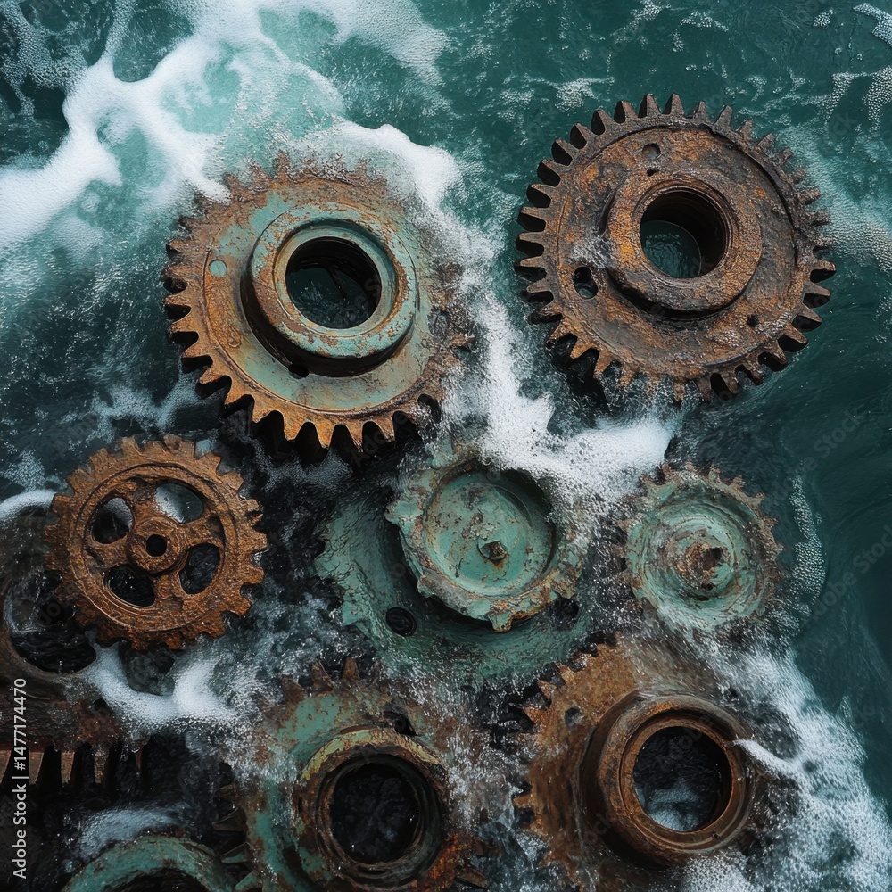 Aufkleber overhead shot of rusty gears submerged in water with foam and bubbles creating a textured industrial