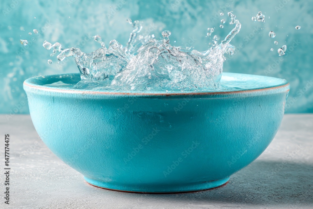 Poster water splashes dynamically in a turquoise bowl against a textured blue background