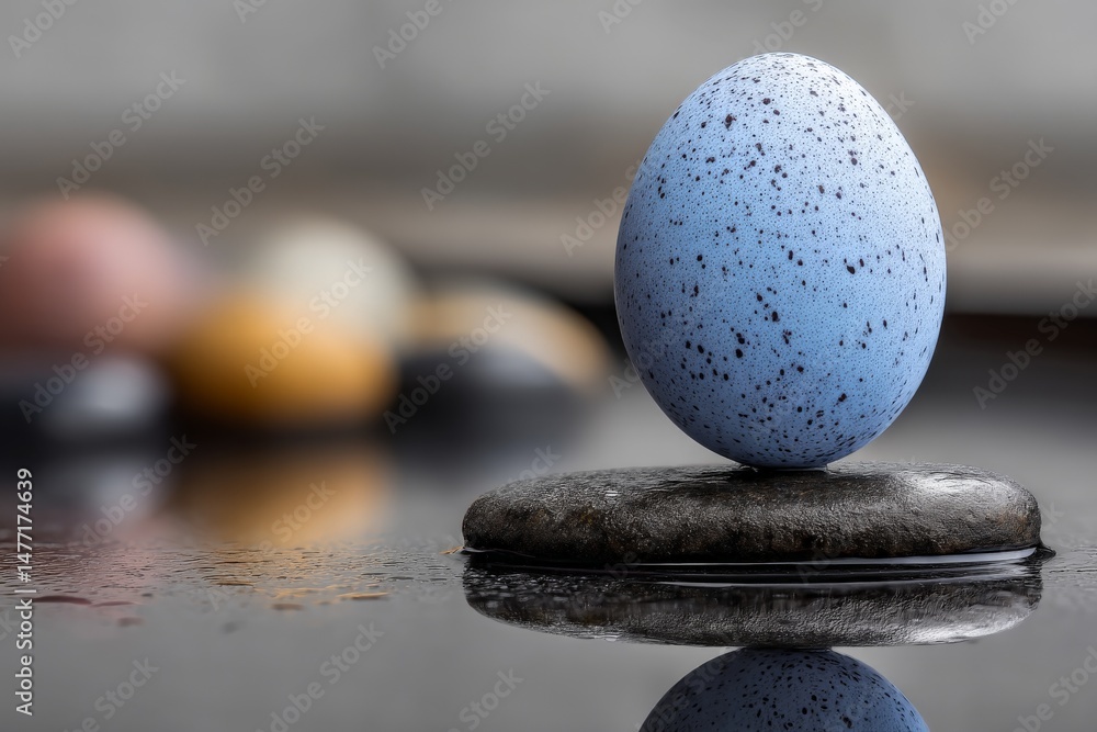 Leinwandbilder unique blue speckled egg balanced on a smooth stone in a serene setting with blurred colorful eggs i