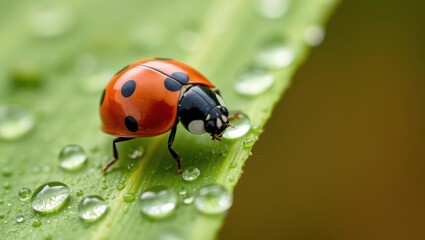 Obraz premium Close-Up of a Ladybug on Green Leaf with Dew Drops