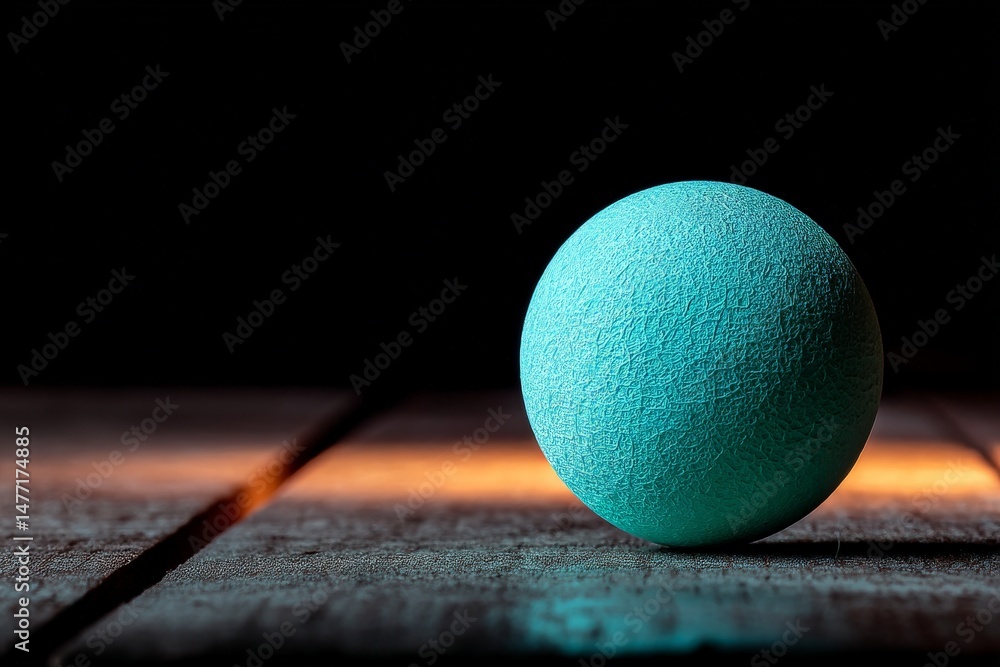 Poster Colorful textured ball on wooden surface captured in low light creates a striking visual contrast in a minimalistic setting