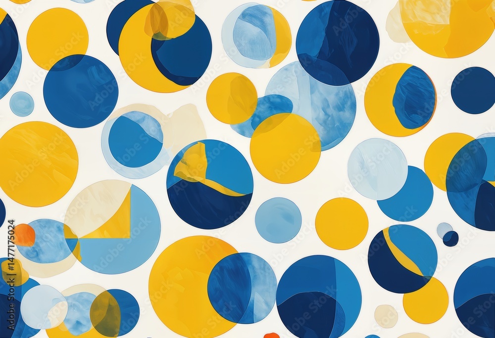 Aufkleber a vibrant pattern of overlapping translucent circles in shades of blue, gold, and pale peach creates