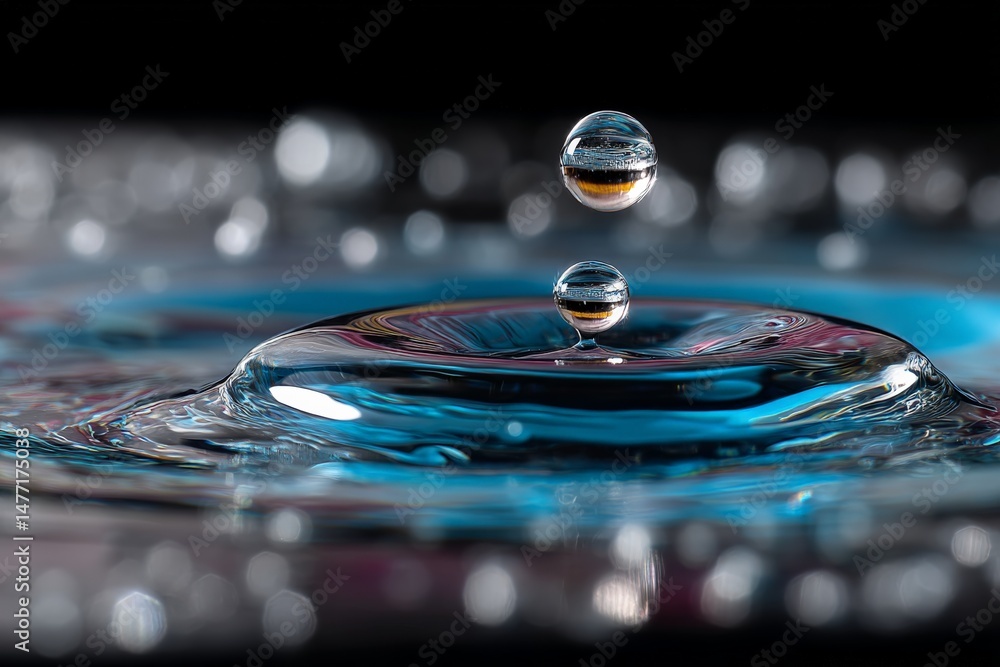 Poster Droplets of water create mesmerizing ripples in a colorful background while falling from above in a still moment