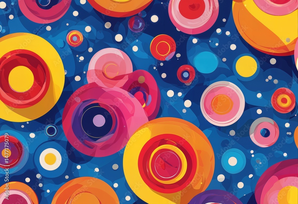 Poster a vibrant and playful pattern of overlapping, concentric circles in warm and cool tones against a de