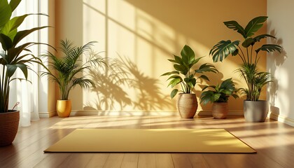 Fototapeta premium Bright Room with Green Plants and Yellow Mat Featuring Natural Light and Soft Shadows Against Cream Wall Interior Decoration And Design