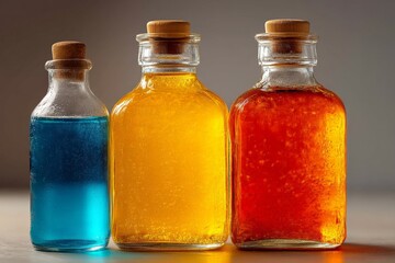 Vibrant glass bottles containing colorful liquids on a wooden surface with soft lighting