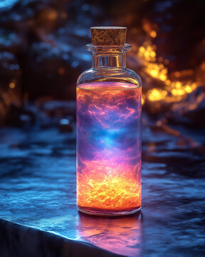 A magical elixir glowing inside a glass vial on a marble table, close-up, elegant fantasy