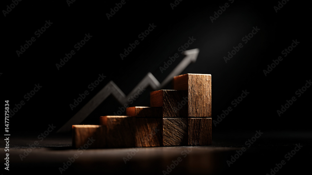 Poster wooden blocks forming a rising bar graph with an upward arrow representing growth and progress.