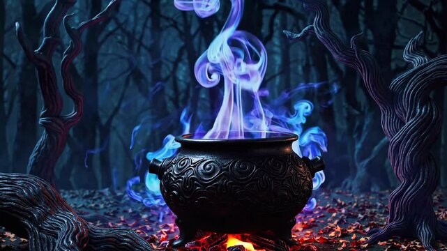 Enchanted forest cauldron releases mystical blue smoke swirls at night
