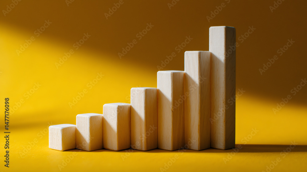 Poster wooden blocks representing progress and growth arranged in a bar graph formation with a yellow backg