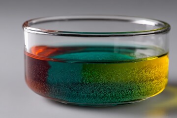 Colorful liquid layers in a glass container showcasing density and solubility differences in a science demonstration