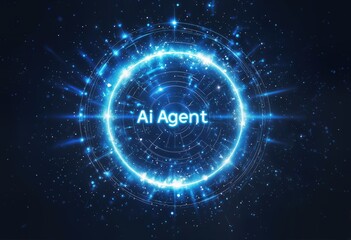 a glowing blue circular frame with the text "ai agent" centered within it, set against a dark, starry background with a faint light source below.