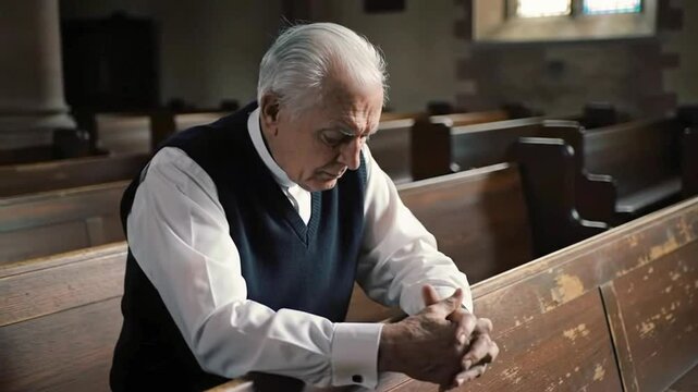 Devout older man praying quietly on wooden pew inside traditional church building.
