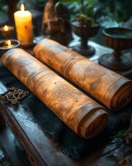 An ancient spell scroll slowly unrolling with glowing runes, enchanted lighting