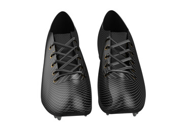 INNOVATION CONCEPT OF FULL CARBON SHOES SPORT, Modern Black Football Boot for Optimal Grip on the Field, Shoe with Lacing and Cleat Pattern, TRAIL RUNNING TRAINER SHOES SNEAKER on a PNG Transparent