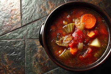 Delicious vegetable soup simmering in a black pot on a textured stone surface