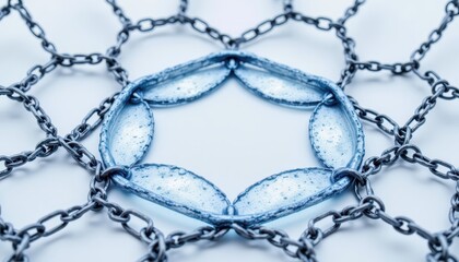 Intricate detail, a closeup of waterdropletadorned metal chain reflecting ambient light
