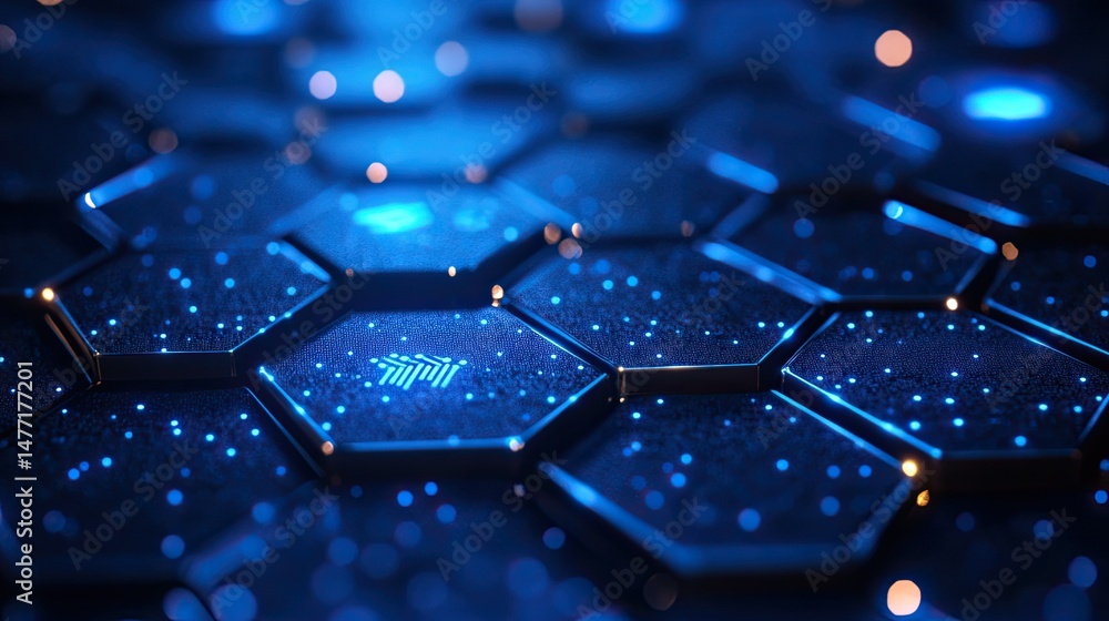 Poster a close up of illuminated blue hexagons with glowing dots and a fingerprint design on one hexagon