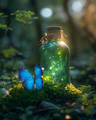 A mystical potion bottle glowing emerald green, resting on mossy rocks in an enchanted forest, surrounded by glowing blue butterflies