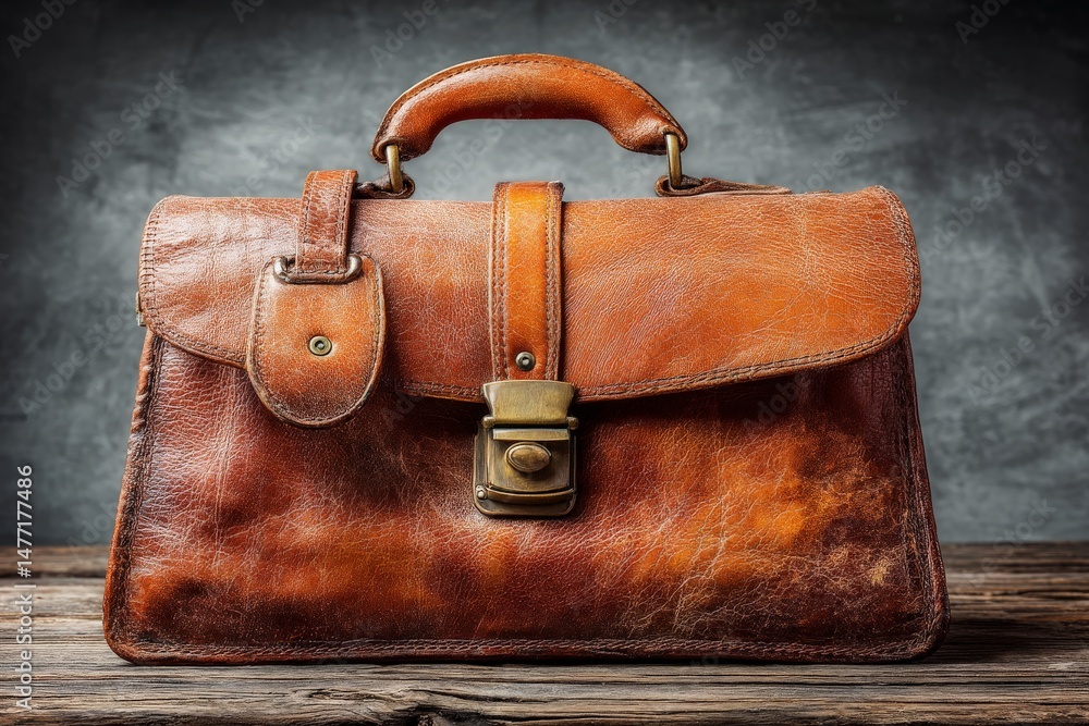Poster vintage leather briefcase displayed on a wooden table in a rustic setting, emphasizing craftsmanship