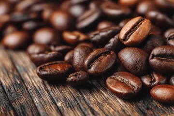 Naklejka premium Close-up of Freshly Roasted Coffee Beans Piled on Rustic Wood Surface, Revealing Textured Detail and Aromatic Appeal